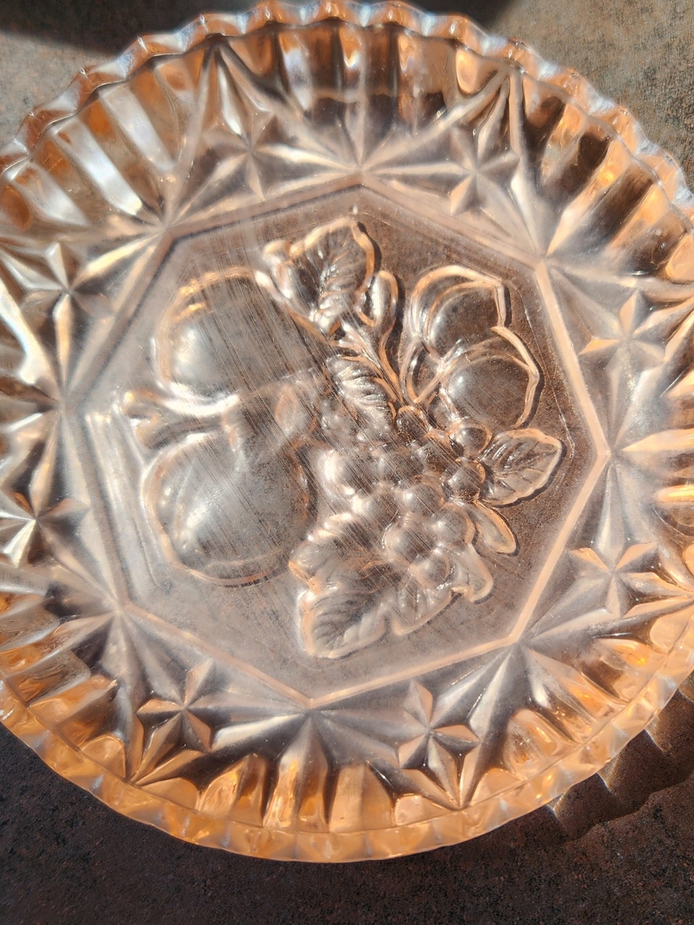 Vintage Federal Glass Peach Dish Fruit Motif/Sawtooth Rim With Small Scratchs